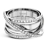 This modern, dynamic ring features an overlapping design of shiny high polished 18k white gold and rows of sparking white diamonds. The ring contains .50 ctw of round diamonds.