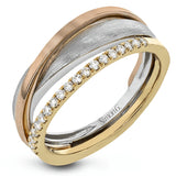.16 ctw of round white diamonds accentuate overlapping rings of three-tone gold to infuse this strikingly modern band with a touch of sparkle