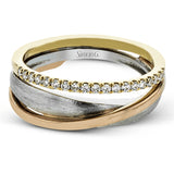 .16 ctw of round white diamonds accentuate overlapping rings of three-tone gold to infuse this strikingly modern band with a touch of sparkle