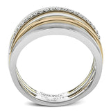 .16 ctw of round white diamonds accentuate overlapping rings of three-tone gold to infuse this strikingly modern band with a touch of sparkle