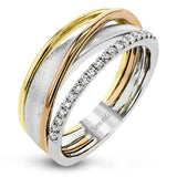 Interlocking rings of three-tone gold are accentuated with .15 ctw of round white diamonds to make this strikingly modern band truly special