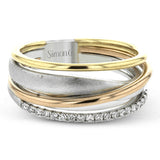 Interlocking rings of three-tone gold are accentuated with .15 ctw of round white diamonds to make this strikingly modern band truly special