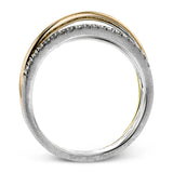 Interlocking rings of three-tone gold are accentuated with .15 ctw of round white diamonds to make this strikingly modern band truly special