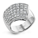 This modern overlapping ring features an expanse of 2.89 ctw of Simon-set princess cut diamonds accented by .27 ctw of round diamonds in 18k white gold.