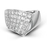 This modern overlapping ring features an expanse of 2.89 ctw of Simon-set princess cut diamonds accented by .27 ctw of round diamonds in 18k white gold.