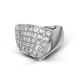 This modern overlapping ring features an expanse of 2.89 ctw of Simon-set princess cut diamonds accented by .27 ctw of round diamonds in 18k white gold.
