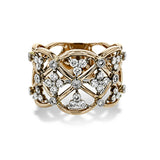 This unique rose gold band's striking openwork is accentuated by accents of white gold and .65 ctw of round white diamonds