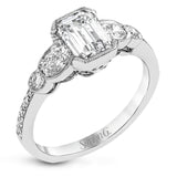 This lovely contemporary design features white gold and .16 ctw of round white diamonds and .39 ctw of oval shaped white diamonds as well as delicate milgrain edging around its centerpiece.