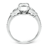This lovely contemporary design features white gold and .16 ctw of round white diamonds and .39 ctw of oval shaped white diamonds as well as delicate milgrain edging around its centerpiece.