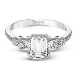 This lovely contemporary design features white gold and .16 ctw of round white diamonds and .39 ctw of oval shaped white diamonds as well as delicate milgrain edging around its centerpiece.