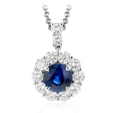 Evoke classic elegance with this white gold pendant, featuring a 1.14 ctw round sapphire highlighted by .73 ctw of round white diamonds.
