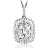 Classic yet distinctive, this white gold pendant features an airy double halo set with .23 ctw of round white diamonds framing a beautiful 1.49 ctw oval shaped sapphire.