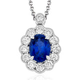 A classic design in 18k white gold, this pendant features a oval 1.24 ct sapphire center stone.