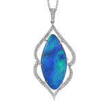 A one-of-a-kind statement pendant has an oval 11.88 ct. boulder opal, framed by an abstract line of white diamonds 0.31 ctw., on an 18 chain