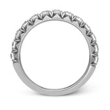 This band pairs perfectly with an engagement ring, or can be worn on its own or stacked with other rings. It contains .75 ctw of white diamonds.