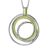 Interlocking rings of white and rose gold are accented with a subtle .13 ctw of white diamonds in this sophisticated pendant design