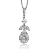 This white gold pendant contains .09 ctw of round white diamonds, .38 ctw of marquise shaped diamonds, .04 ctw of princess cut diamonds, and .15 ctw of pear shaped diamonds in an elegant teardrop shape