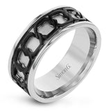 Modern and sophisticated, this white gold wedding band features an elegant interlocking chain detail in black