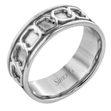 Modern and sophisticated, this white gold wedding band features an elegant interlocking chain detail in black