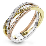 Delicate and lovely, this wedding band in three-tone gold features .23 ctw of round white diamonds for just a hint of sparkle.