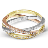 Delicate and lovely, this wedding band in three-tone gold features .23 ctw of round white diamonds for just a hint of sparkle.