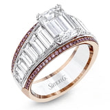 Modern and geometric, this two-tone 18k white and rose gold ring contains 2.12 ctw of white baguette diamonds as well as .20 ctw of pink diamonds.
