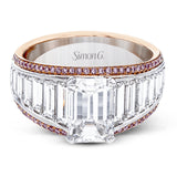 Modern and geometric, this two-tone 18k white and rose gold ring contains 2.12 ctw of white baguette diamonds as well as .20 ctw of pink diamonds.