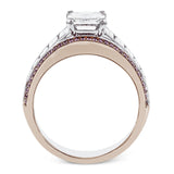 Modern and geometric, this two-tone 18k white and rose gold ring contains 2.12 ctw of white baguette diamonds as well as .20 ctw of pink diamonds.