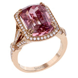 This 18k rose gold ring design is set with a 8.89 ct watermelon tourmaline surrounded by .55 ctw of white round brilliant diamonds.