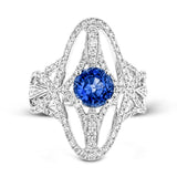 The lovely vintage-inspired design of this 18k white gold ring elongates the finger and contains 1.07 ctw of white diamonds.
