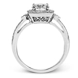 This wonderful 18k white gold ring has a distinctive design with a soft square halo and .34 ctw of white diamonds.