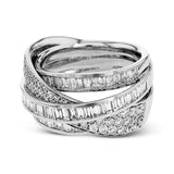 Bold and modern, this 18k white gold ring contains 1.11 ctw of baguette diamonds and .48 ctw of round diamonds set into a dynamic, overlapping design.