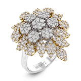 This opulent 18k white and yellow gold right hand fashion ring recalls Old Hollywood glamour with a whopping 2.06 ctw of white diamonds set in a floral design.