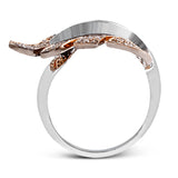 This lovely nature-inspired design is crafted from 18k rose and white gold, and contains .25 ctw of round white diamonds.