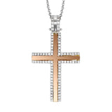 This two-tone 18k gold cross pendant is has a central design of rose gold which is edged by .24 ctw of scintillating white round brilliant diamonds.