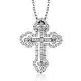 This cross pendant has a little something different to its design with a movable outline and center section, all made from 18k white gold. The pendant is set with .88 ctw of white diamonds.