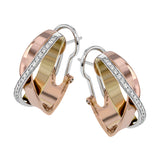 These distinctive earrings are wrought in three tones of 18k gold: white, rose, and yellow. Accenting these metals is a line of .24 ctw of white diamonds.