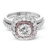 This bold design combines tones of pink and white with 1.11 ctw of sparkling white diamonds in 18k white gold complimenting .07 ctw of pink diamonds in 18k rose gold.