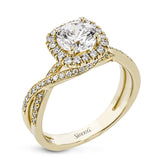 This sparkling modern engagement ring features an eye-catching twisted design with elegant classic halo accented by .29 ctw of shimmering round cut white diamonds.