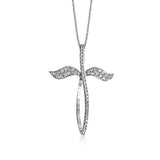 This cross pendant seems almost to be growing wings to fly away in this unique 18k white gold design set with .43 ctw of white diamonds.
