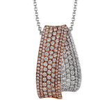 Combining both rose and white 18k gold, this stunning pendant features an overlapping design which is set with 1.55 ctw of round white diamonds.