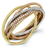 This lovely rolling ring combines three different colors of 18k gold, accented by rows of .80 ctw of white round brilliant diamonds.