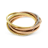 This lovely rolling ring combines three different colors of 18k gold, accented by rows of .80 ctw of white round brilliant diamonds.