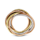This lovely rolling ring combines three different colors of 18k gold, accented by rows of .80 ctw of white round brilliant diamonds.