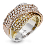 This tri-color 18k gold band is encrusted with 1.85 ctw of pave set white diamonds within an overlapping design.