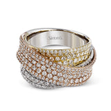 This tri-color 18k gold band is encrusted with 1.85 ctw of pave set white diamonds within an overlapping design.