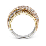This tri-color 18k gold band is encrusted with 1.85 ctw of pave set white diamonds within an overlapping design.