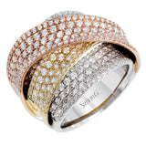 This statement ring is formed from 18k gold in three different tones- yellow, white and rose. The overlapping design is pave set with an astounding 2.94 ctw of sparkling white round brilliant diamonds.