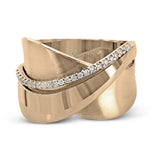 18k rose and white gold combine in this modern, overlapping band, accented by .12 ctw of white round brilliant diamonds.