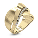 18k rose and white gold combine in this modern, overlapping band, accented by .12 ctw of white round brilliant diamonds.
